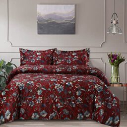 Tribeca Living Velvet Floral Printed Queen Duvet Cover Set, Soft Touch, Oversized, Luxury Three Piece Set Includes One Duvet Cover and Sham Pillowcases, Amara Garnet