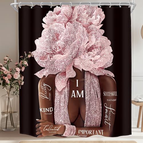 MESHELLY Black Girl Shower Curtain 60Wx72H Black Pink Shower Curtain (Not Glitter) African American Peony Floral Aesthetic Black Woman Positive Quote Bathroom Decor Fabric with 12 Hooks