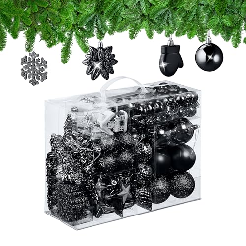 Relaxdays 100x Christmas Ornaments, Baubles, Glittering, Matte & Shiny, Tree Decorations, Plastic, 10 Designs, Black