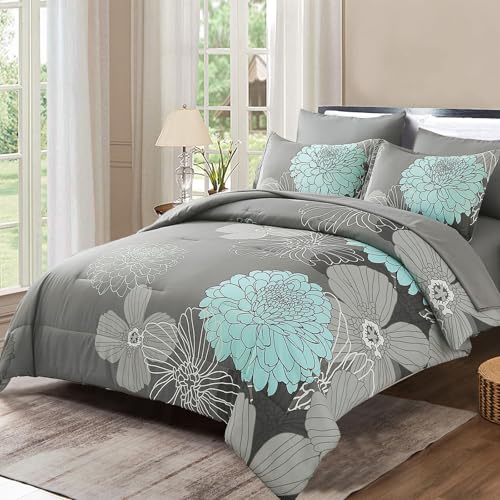 "Yiran Floral Comforter Set 7 Piece Full Size Bed in a Bag Flower Comforter Soft Microfiber Bedding Set for All Season (Grey,90""x78"")"
