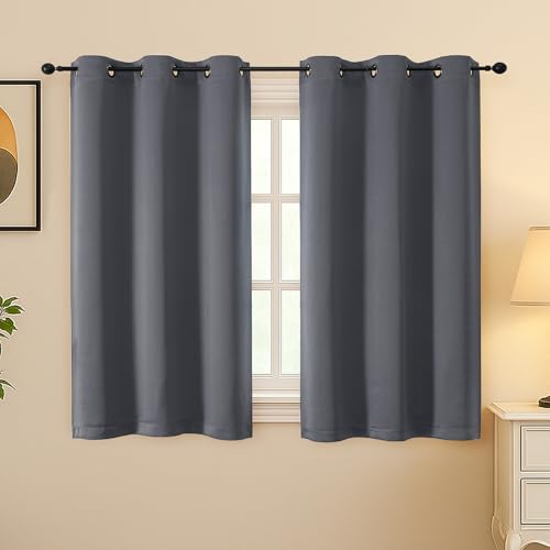 Simplebrand Grey Room Darkening Curtains for Bedroom 45 Inches Long 2 Panels Set, Sunlight Blocking Curtains for Small Windows, Grommet Energy Saving Thermal Insulated Short Drapes, 40Wx45L