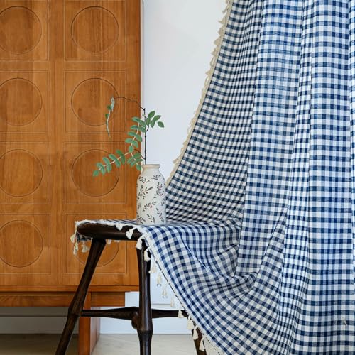 ENJOYBRIDAL Blue Plaid Curtains 96 Inches Long Semi Sheer Bedroom Drapes Tassel 2 Panels Farmhouse Rod Pocket Window Curtain Panels for Living Room Checkered Boho Dining Room Window Treatments