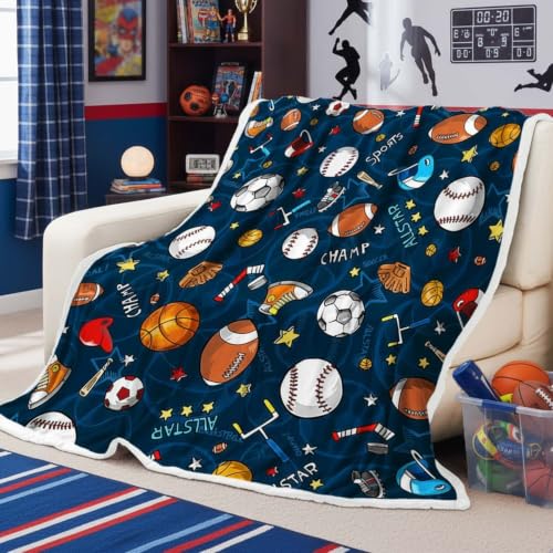 "JAWO Sports Blanket, 50"" x 60"" Sports Fan Fleece Throw Blanket for Men, Women and Kids, Fleece Basketball Baseball Football Soccer Throw Blanket, Cool Sports Blanket for Boys, Kids, and Children"