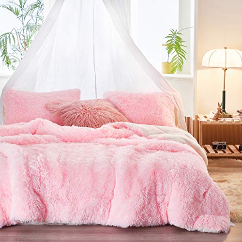 Joyreap Plush Shaggy Comforter Set, Twin Size Luxury Faux Fur Crystal Velvet Bedding Set for All Season (Pink, 68x86 inches)
