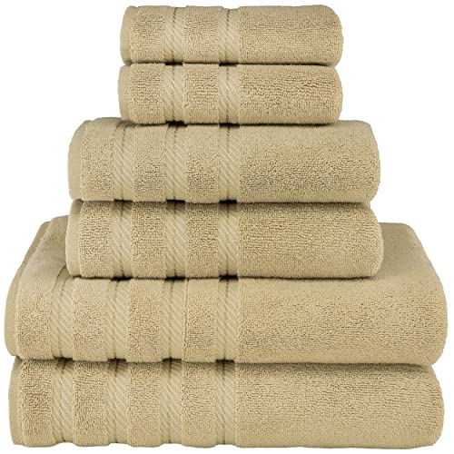 American Soft Linen 100% Carde Cotton 6 Piece Towel Set, 590 GSM Heavy Weight Soft Absorbent Turkish Towels for Bathroom, Sand Taupe