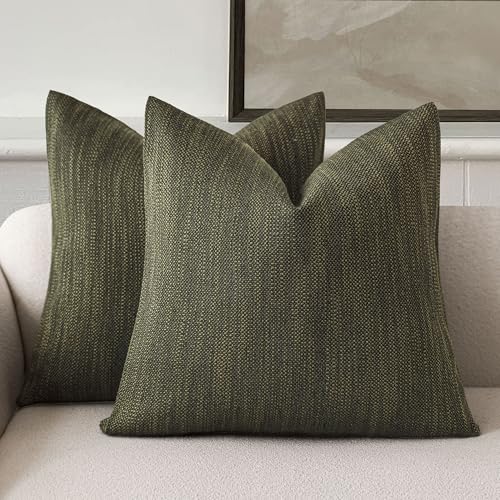 Foindtower Set of 2 Decorative Textured Burlap Linen Throw Pillow Covers Farmhouse Boho Cushion Cover Solid Accent Pillowcase for Couch Sofa Bed Living Room Home Decor,18??18 Inch,Dark Green