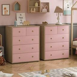 Junior Vida Neptune 5 Drawer Chest of Drawers Cabinet Storage Modern Bedroom Children's Kids Furniture, Set of 2 (Pink & Oak)