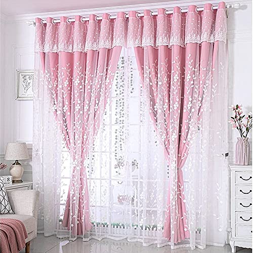 Amidoudou 1 Pair Double Layer Flower Curtains for Girls Room Living Room Pastoral Flowers and Leaf Embroidered Curtains for Bedroom (Pink,54x95 Inch)