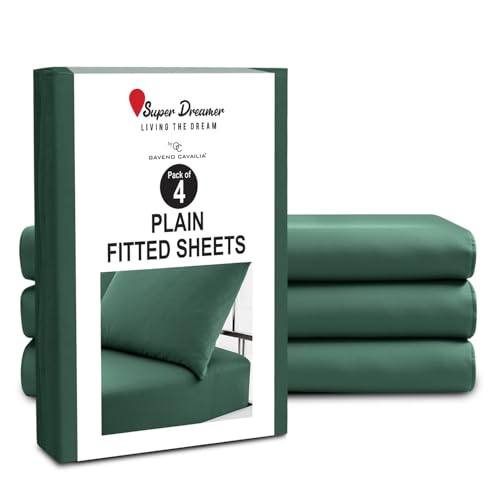 GC GAVENO CAVAILIA Microfiber Fitted Sheet Single - 4 Pack Plain Bed Sheets - Deep Pocket 10 inch (25cm) - Shrinkage, Fade & Wrinkle Resistant Bottom Sheet, Fit to Mattress (91x190 cm) - Dark Green