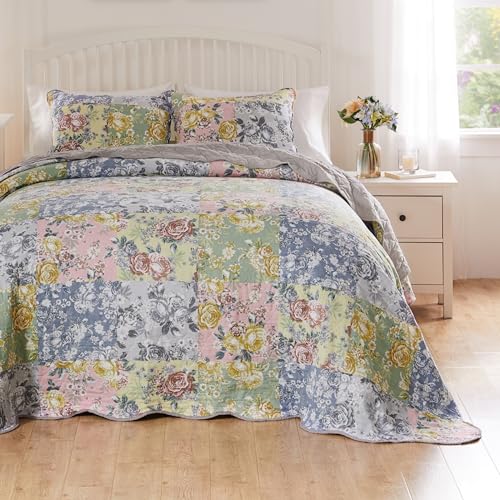 Greenland Home Emma Vintage Style Quilted Bedspread Set, 3-Piece Jumbo Queen, Gray