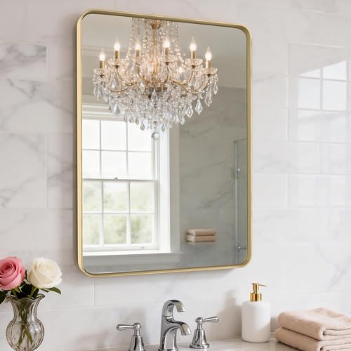 YYXW 24X30 Inch Gold Metal Framed Bathroom Mirror for Wall, Gold Rounded Rectangle Mirror, Brushed Gold Bathroom Vanity Mirror Farmhouse, Anti-Rust, Tempered Glass, Hangs Horizontally or Vertically
