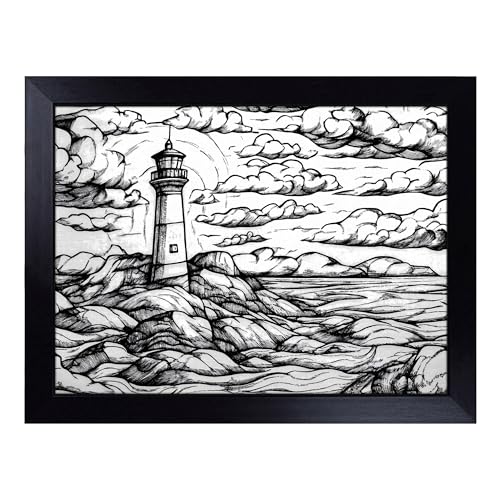 Lap Tray with Bean Bag Cushion, Lighthouse - Handmade in the UK, Raised Wooden Edge, Padded Cushion, Heat-Resistant Wipe-Clean Surface, for Meals, Laptops and Crafts