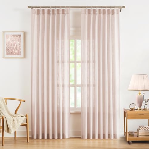 "WEST LAKE Pink Linen Textured Semi Sheer Curtain Panels 72 Inches Long - Bailey Pinch Pleated Drapes with Hooks Back Tabs,Farmhouse Light Filtering Bedroom Living Room Window Treatment,40""Wx72""Lx2"