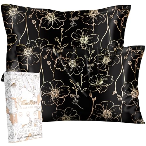 Miss Adola 2 Pack Silk Pillowcases - Standard Size 20 x 26 Inch Silky Pillow Cases for Hair and Skin Soft Smooth Cooling Aesthetic Bed Sleeping Pillow Covers with Zipper for Women, Gold Line Flowers