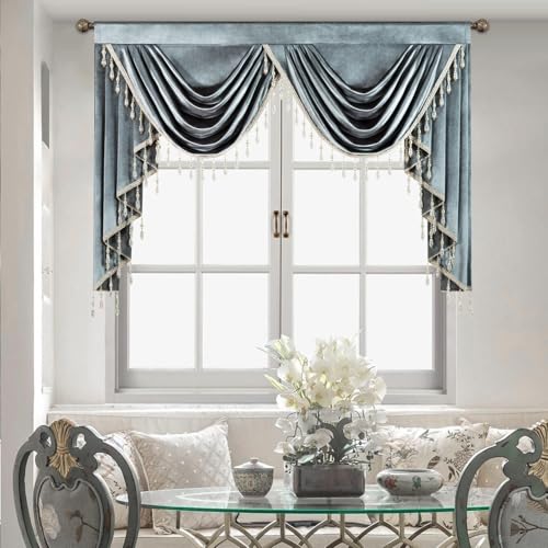 "Leeva Classic Grey Velvet Waterfall Valance, European Swag Curtain with Beaded Tassels, Light Filtering Valance for Bedroom or Living Room Windows, 43"" x 59"""