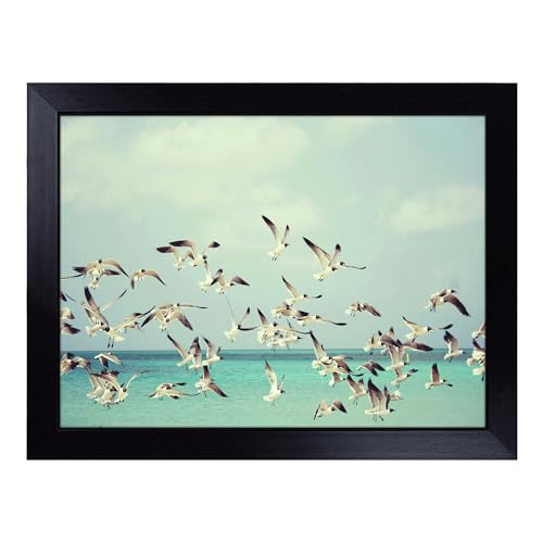 Lap Tray with Bean Bag Cushion, Seagulls Over The Sea - Handmade in the UK, Raised Wooden Edge, Padded Cushion, Heat-Resistant Wipe-Clean Surface, for Meals, Laptops and Crafts
