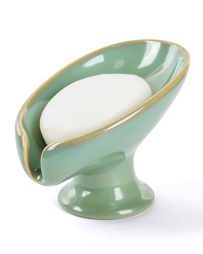 Soap Dish, Self Draining Bar Soap Holder for Bathroom Sink, Leaf Shaped Drainage Ceramic Mint Green Porcelain Decorative Soap Dish, No Suction Cup, ANTIS'S HOME