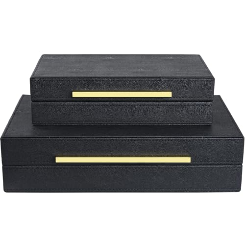 ZIKOUL Black Shagreen box Set of 2 Faux Leather Decorative Boxes,Large Nesting Storage Decorative Boxes with Lids for Modern Home Decor Stacking Jewelry Box Organizer