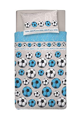 PENSIERI DELICATI Single Duvet Cover Set, 100% Cotton, Complete with 155 x 200 cm Bag and 1 Pillowcase 52 x 82 cm, Made in Italy, Duvet Cover Machine Washable At 40 Degrees, Blue Football Design