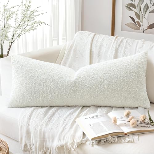 Artscope Lumbar Throw Pillow Cover 14x36 Super Thick Body Pillow Cover Decorative Boucle Textured Neutral Accent Italian Style Pillowcase for Bedroom Living Room Couch Sofa Home D??cor-Beige+White