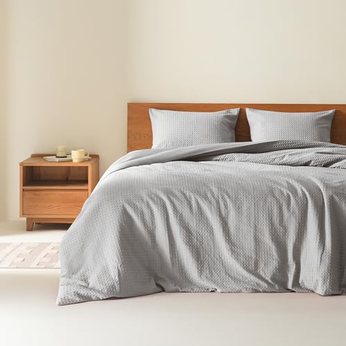 Comfort Spaces Light Grey Queen Comforter Set - 3 Pieces Breathable Woven Waffle Knit Comforter Sets, Modern Farmhouse Boho Comforter & Shams, All Season Microfiber Queen Bed Set, Full/Queen