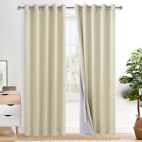 XWZO 100% Blackout Curtains - Heat and Full Light Blocking Drapes with Black Liner for Bedroom/Laundry Room, Grommet Top Window Panels with Tiebacks, Beige, W60 x L84, Set of 2