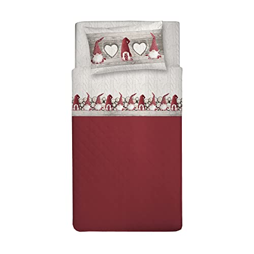 PENSIERI DELICATI Single Bed Sheet Set, 100% Cotton, 90 x 200 cm Single Bed Sheet Set, Includes Bottom Sheet, Top Sheet and 1 Pillowcase, Made in Italy, Red Gnome Pattern