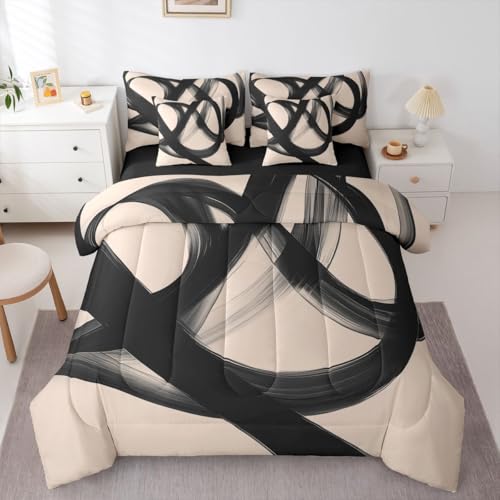 Erosebridal Abstract Modern Black Beige 7 Piece Comforter Set Full Bed in A Bag Neutral Minimalist Lines Bedding Set for Boys Men Geometric Sheet Set Contemporary Art Simple Quilt Room Decor
