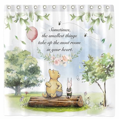 "TURKIO Classica Winnie Shower Curtain Set with 12 Hooks Watercolor Bear Girls Kids Cartoon Spring Bathroom Bathtubs Decor Waterproof with Washable Durable Polyester Fabric 72""x72"""