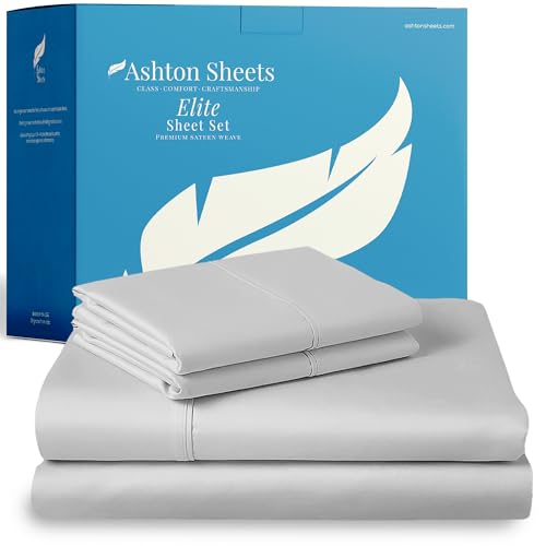 "Ashton Sheets 100% Egyptian Cotton Sheets Twin XL Size Bed Set - 3 PC 800 High Thread Count Egyptian Cotton Twin XL Sheet Set (Silver Grey) Soft, Cooling, 16"" Deep Pocket Sateen Luxury Hotel Bedsheet"