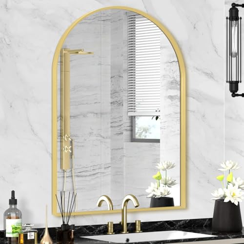 "Minuover 22"" x 30"" Gold Arched Mirror, Arch Bathroom Vanity Wall Mirror, Modern Aluminum Alloy Metal Frame Arch Mirror for Bathroom, Living Room, Bedroom, Entryway, Tempered Glass, Shatter Proof"