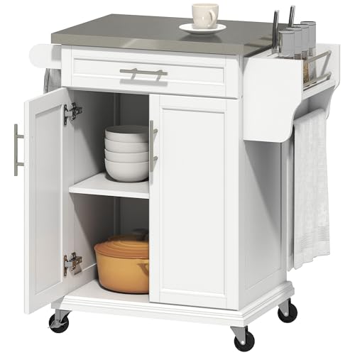 HOMCOM Wooden Kitchen Island on Wheels, Serving Cart Storage Trolley with Stainless Steel Top, Drawer, Side Handle and Rack, White