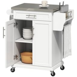HOMCOM Wooden Kitchen Island on Wheels Stainless Steel Top Drawer White