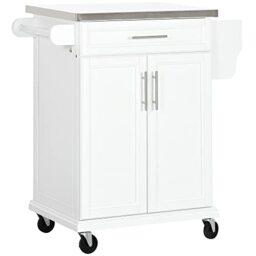 HOMCOM Wooden Kitchen Island on Wheels, Serving Cart Storage Trolley with Stainless Steel Top, Drawer, Side Handle and Rack, White
