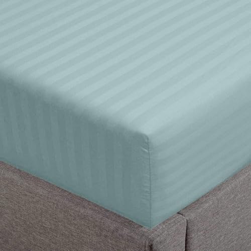 Feather & Stitch 1 Piece Fitted Sheet Queen Size, 100% Cotton Damask Sateen Weave, Striped Breathable, Stretchable Elastic Sheet for Mattress 18 inch Deep Pocket, 500TC Premium Ultra Soft - Green