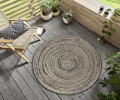 HANSE Home Swirl Indoor and Outdoor Rug Round - Round Outdoor Rug Mottled Weatherproof & Waterproof Flat Weave Outdoor Rug for Living Room, Hallway, Patio, Garden, Balcony - Cream Black