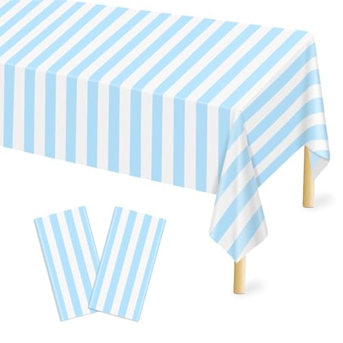 Mulbozy Plastic Table Cloth Disposable 2 Pack, 54 ?? 108 Inch Light Blue and White Stripe Tablecloths, Red Plastic Table Cover for Carnival, Movie Night, Birthday, Halloween, Christmas Party