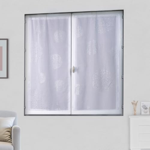 Homemaison - Pair of Small Muslin Curtains with Silver Pattern - Polyester - Rod Pocket Hem - Living Room Bedroom Kitchen Window - 80 x 160 cm - White