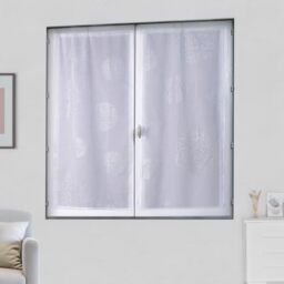 Homemaison - Pair of Small Muslin Curtains with Silver Pattern - Polyester - Rod Pocket Hem - Living Room Bedroom Kitchen Window - 80 x 160 cm - White