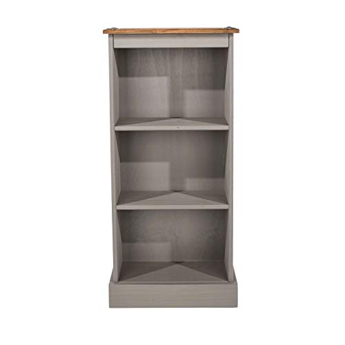 Home Source Solid Pine Wood Bookcase, Low Display Shelf Storage Furniture, Grey, 3 Tier