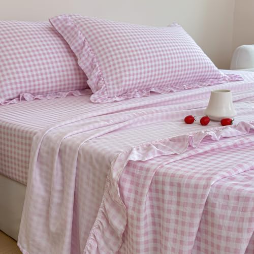 NSNLGSGC Gingham Pink Ruffle Queen Sheet Set - Soft Microfiber Pre-Washed Plaid 4 Piece Farmhouse Deep Pocket