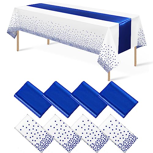 8Pack Disposable Plastic Tablecloths and Satin Table Runner Set White and Blue Dot Tablecloth Blue Satin Table Runner for Wedding Birthday Baby Shower Anniversary Christmas New Year Party Supplies