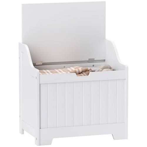 HOMCOM Storage Chest, Storage Trunk with Safety Hinge and U-shaped Cut-out Pull, Wooden Storage Box for Living Room, Entryway, 56.5 x 38 x 56 cm, White