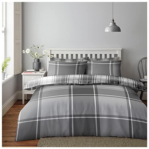 GC GAVENO CAVAILIA Check Duvet Cover, Printed Tartan Bedding Set King Size, Reversible Checkered Quilt Cover With Pillow Cases, Grey