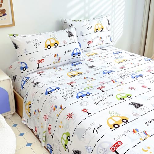 Homilay Full Sheets Set Kids - 4 Piece Car Sheets for Boys, Girls, Teens, Toddler, Easy Fit Deep Pockets, Breathable, Wrinkle-Free, Cozy Soft Cartoon Print Cute Bed Sheets