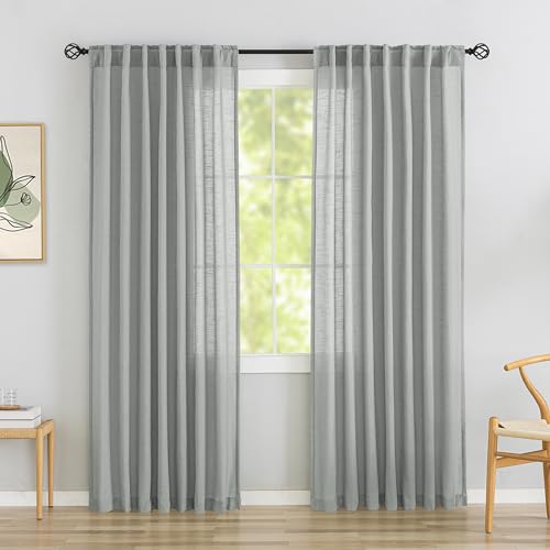 "DONREN 92 Inches Long Neutral Linen Curtains - Back Tab & Rod Pocket Semi Sheer Privacy Window Panels, 2 Panels Burlap Rustic Modern Farm Boho Light Filtering, 52"" by 92"", Light Grey"