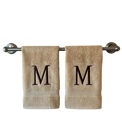 Beige with Brown Monogrammed Hand Towels for Bathroom - Set of 2 Letter M - Luxury Hotel Quality Initial Towels For Powder Room, Spa, GOTS Organic Certified