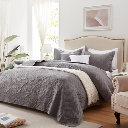 LEAONME Quilt Set 3 Pieces, Full/Queen Size Coverlet Quilt Set Full/Queen, Lightweight Warm Summer Soft Microfiber Coverlet for All Season (Includes 1 Comforter, 2 Pillow Shams) Full/Queen Size, Grey