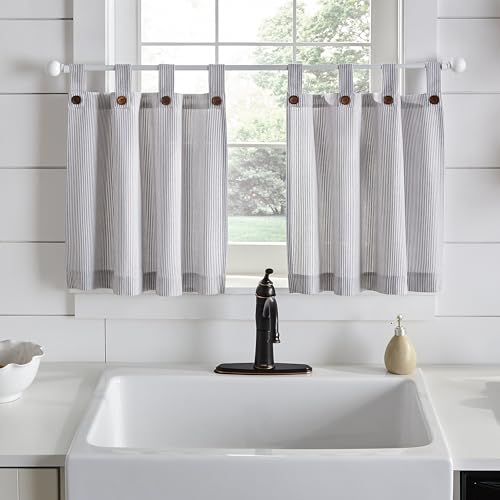 "Elrene Home Fashions Tucker Ticking Stripe Tier Window Curtains for Kitchen or Bathroom, 30"" x 24"", Set of 2, Gray"