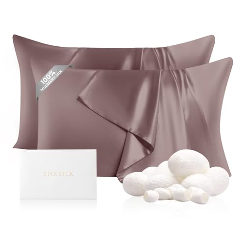 THXSILK 2 Pack Mulberry Silk Pillowcase for Hair and Skin with Hidden Zipper, Both Side 22 Momme Silk, Naural Mulberry Silk Pillowcase Pillow Cover(20inch x 36inch, King Size, Purple, 2pcs)
